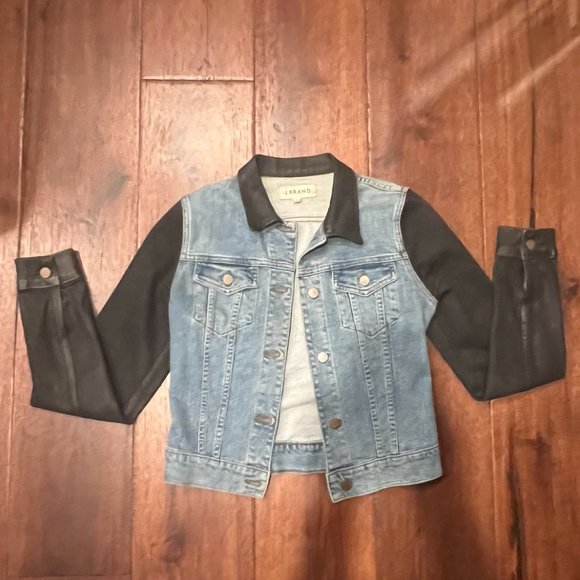 J BRAND BOWIE TWO-TONE DENIM JACKET, SIZE SMALL, BLACK/BLUE COLOR-BLOCK … - Picture 3 of 9